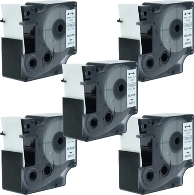 Produktbild von vhbw 5x Schriftband-Kassette kompatibel mit Dymo Rhino 6000, 5000, 5200, 4200, 3000, 1000 Etiketten-Drucker 5,5m x 24mm Schwarz auf Weiß, Vinyl