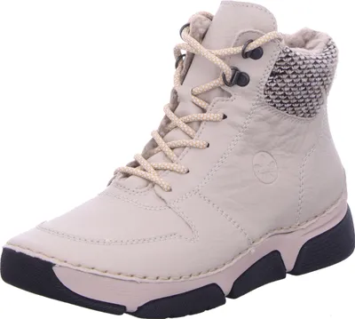 A single beige high-top sneaker boot is shown against a white background.