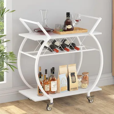 Image de Chariot de service à roulettes et casier à vin en bois, 2 niveaux, 76x40.5x84
