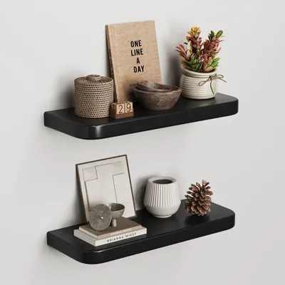 Image de Lot de 2 étagères murales en bois – étagères suspendues de style industriel avec fixations invisibles, étagères rustiques en bois pour le salon, la chambre à coucher et la cuisine, panneaux muraux peu encombrants pour livres et objets de décoration, noir