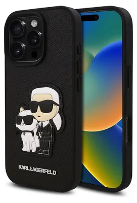 Productafbeelding van Karl Lagerfeld PolyurethanSaffiano telefoonhoesje, model "Karl and Choupette", voor iPhone 16 Pro Max, kleur zwart, één maat