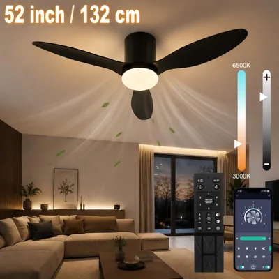 Immagine prodotto di Ventilatore a soffitto a LED, diametro 52 pollici, colore nero, con motore a corrente continua (DC) silenzioso, controllo tramite app e telecomando, 6 velocità