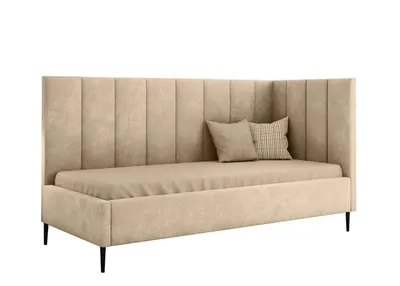 Produktbild von ARES MEBLE Modernes Kinderbett INEZ - Baby Bett - Bett zum Kinderzimmer, mit Bettzeugfach - Velour (Beige, 90x200 cm)