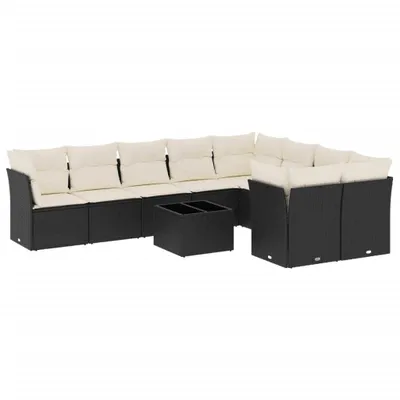 Produktbild von Modulares Garten-Sofa-Set 10-tlg., Loungemöbel mit Stauraum, Poly Rattan Schwarz, Hartglas Tischplatte, Cremeweiße Kissen, UV-beständig