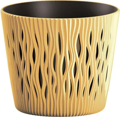 A beige planter with a black interior, featuring a textured, wavy pattern on the exterior.