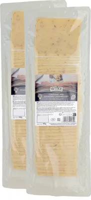 Produktbild von Food-United CHEDDAR Cheese 2x 980g in Scheiben Großpackung mit karamellisierten Zwiebeln Cheddarkäse von WYKE-FARMS der englische Hartkäse passt zu für Burger Sandwiches Raclette Pizza Salate Saucen Aufläufe Dips