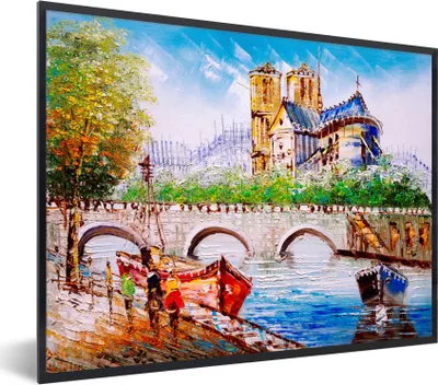Produktbild von MuchoWow® Gerahmtes Poster Gemälde - Paris - Boot - Brücke 80x60 cm - Poster mit Schwarzem Bilderrahmen Wandposter Rahmen Foto Bilder - Schwarzem - Mit Gestell