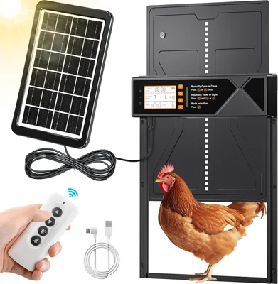 Produktbild von Automatische Hühnerklappe, Große Automatische Hühnertür Solar, Wasserdicht, mit LED Display, Timer, Lichtsensor, Fernbedienung, Einklemmschutz