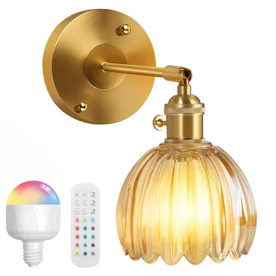 Produktbild von Wandleuchte Vintage Bernstein Tulpe Glas Lampenschirm Innen Wandlampe E27 mit LED RGB Aufladbare Glühbirne und Fernbedienung