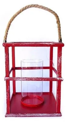 Image de Lot de 2 photophores en fibre naturelle rouge, anse en corde, 16 x 21 cm