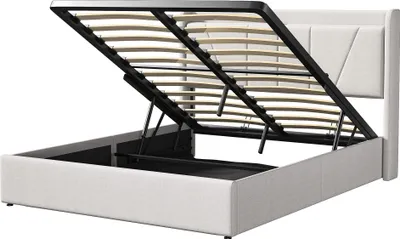 Obrázok produktu pre CDGlobal čalúnená posteľ 160x200cm s USB typu C a lamelovým roštom, hydraulická skriňová posteľ s úložným priestorom, úložná posteľ manželská posteľ s úložným čelom, posteľná bielizeň, béžová