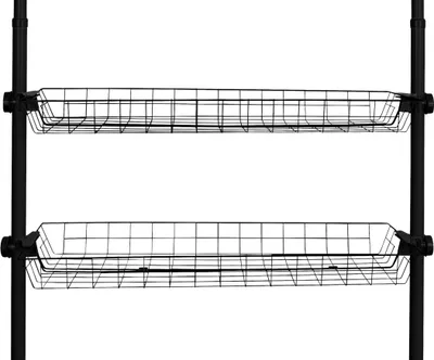 Two black wire storage baskets are mounted on black poles.