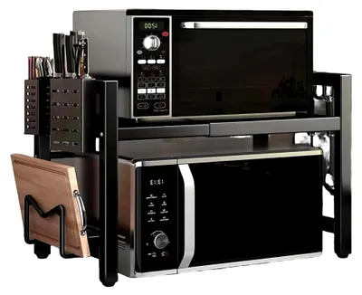 Produktbild von Erweiterbares Mikrowellenregal 2-stufig, Mikrowellenregal aus Kohlenstoffstahl, Stehendes Küchenregal mit Stäbchen- und Schneidebretthalter, Ausziehbar von 40-64 cm, Schwarz