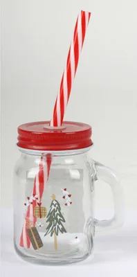 Produktbild von WH Mini-Henkelglas 110ml mit Deckel & Trinkhalm verschiedene Designs im 48er Set | Glas mit Henkel Trinkglas Dessertglas Partyglas