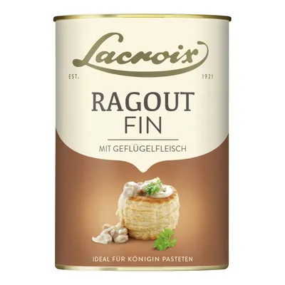 A can of Lacroix Ragout fin with a small pastry and mushrooms depicted on it.