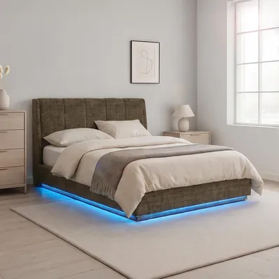 Image de Lit rembourré LED "Tröstiar" avec coffre de rangement, tissu lin, 140 x 200 cm, vert