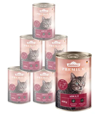Produktbild von Dehner Premium Katzenfutter, Nassfutter getreidefrei, für ausgewachsene Katzen, Rind, 6 x 400 g Dose (2.4 kg)