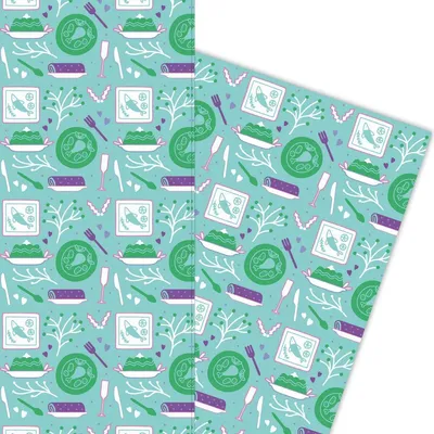Produktbild von Retro Weihnachts Geschenkpapier mit Weihnachts Speisen auf hellblau - G5957, 32 x 48cm