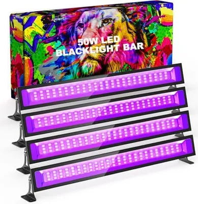 Zdjęcie produktu dla Aurohope 4 x 50 W LED czarne światło, lampa UV 385 nm przełącznik 180 ° regulowany uchwyt, IP66 wodoodporny, dekoracja na imprezę lub Halloween