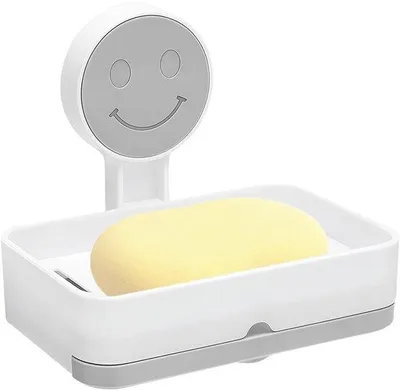 Productafbeelding van Unyqoos® Zeephouder met afvoergootje – wandmontage met sterke zuignap, wit/grijs, kunststof, geschikt voor maximaal 5 kg, voor badkamer en keuken