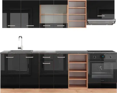Produktbild von Küchenzeile Vicco R-Line Schwarz Hochglanz/Goldkraft Eiche 240 cm , AP Anthrazit, Model 43343