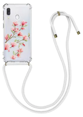 Produktbild von kwmobile Necklace Case kompatibel mit Samsung Galaxy A40 Hülle - Silikon Cover mit Handykette - Rosa Weiß Transparent Magnolien