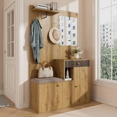 Productafbeelding van Garderobeset met kapstokhaken, gangkastset met 2 deuren en lades, complete sets met spiegel, garderobekast met zitbank, voor hal, entree, hout, 110x37x185,5 cm