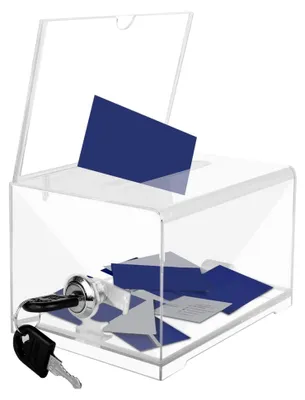 Produktbild von Acryl-Spendenbox - Abschließbare Spardose, Transparente Wahlurne mit Schlüssel, Geldkassette zur Aufbewahrung von Kommentaren, Spenden und Visitenkarten (15,9 x 11,4 x 10,2 cm)