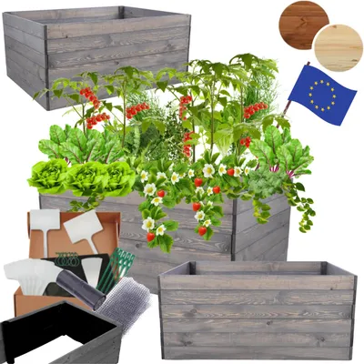 Produktbild von MODO24 Hochbeet Holz, Pflanzkasten, Massivholz, Kiefer, Kräuterbeet, Blumenkasten, Garten, Terrasse, 54x120x90 cm, Grau, ZP06