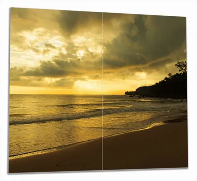 Produktbild von Wallario Herdabdeckplatte aus Glas, Größe 60 x 52 cm 2-teilig, Motiv Badestrand auf den Malediven - Stille am Abend