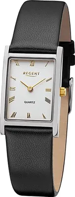 A rectangular watch with a white face, Roman numerals, and a black leather strap, shown against a white background.