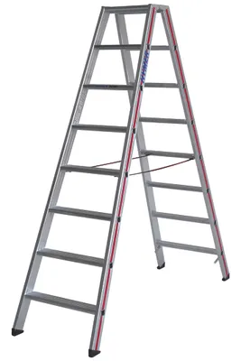 Produktbild von Hymer Stufenstehleiter, beidseitig begehbar, 2x6 Stufen, senkr. Höhe 1,40 m, Reichhöhe 2,92 m, Gewicht 8,2 kg