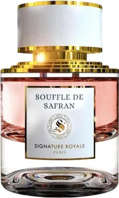 A perfume bottle with pink liquid and gold accents.