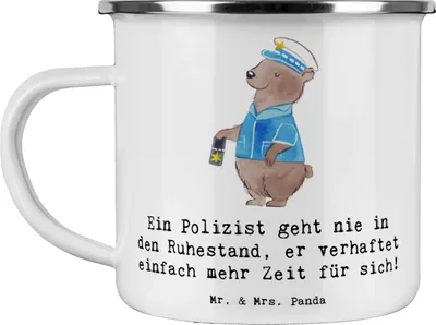 Produktbild von Mr. & Mrs. Panda Teetasse Polizist Ruhestand - Weiß - Geschenk, Teebecher, Beruf, Berufsprodukte, Emaille Tasse, Pott, Mutige Seelen, Polizei, becher, Verantwortung