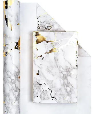 Image de Rouleau de papier cadeau, motif marbre blanc avec accents dorés, 43,2 cm x 10 m