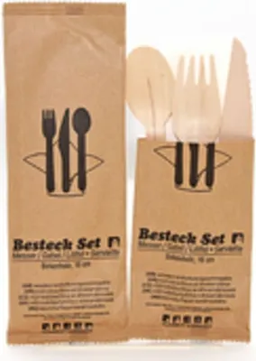 Produktbild von Holz-Besteck-Set - Messer+Gabel+Löffel + Serviette, ca. 16 cm -SoPr -