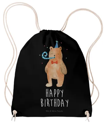 Produktbild von Mr. & Mrs. Panda Jutebeutel Bär Geburtstag - Schwarz - Geschenk, Happy Birthday, Glückwunsch, Turnbeutel, Alles Gute, Teddy, gymnastiktasche, sporttasche klein