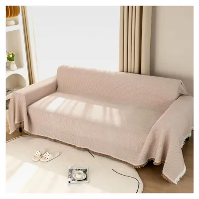 Produktbild von Waffel Sofa Überwurfdecke 180x300cm für 3-Sitzer Sofas - Vielseitige Wohndecke in Beige mit Deko Quasten