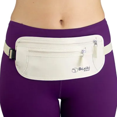 Immagine prodotto di Boxiki Cintura portavalori da viaggio, unisex, beige, per viaggiare, leggera, regolabile, spazio sicuro per denaro e documenti.