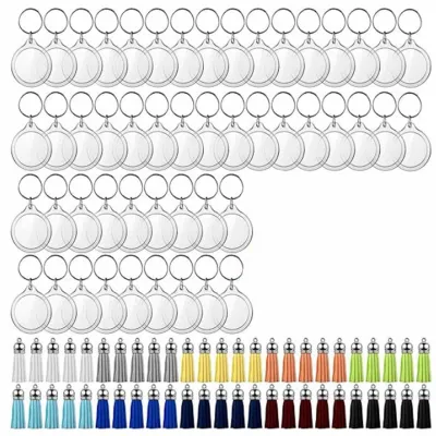 Immagine prodotto di Set di 50 portafoto in acrilico a forma di chiave, con nappine e sistema di chiusura a scatto. Portachiavi trasparenti e vuoti per foto, forma rotonda, confezione da 50 pezzi, assortiti