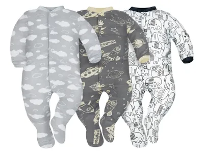 Produktbild von DOLCE SONNO 3er-Set Baby Schlafstrampler mit Langarm – Wolken, Kosmos, Elefanten – 100% Baumwolle – Größe 74