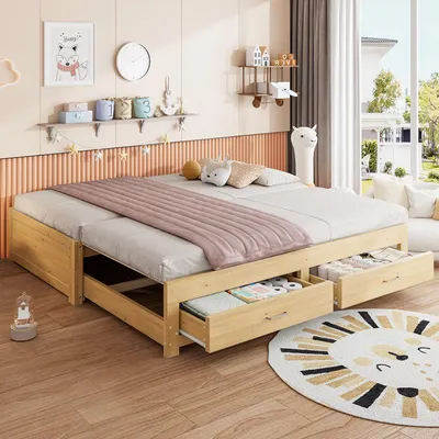Obrázek produktu pro Rozkládací pohovka 90 x 190 cm, rozkládací postel 180 x 190 cm, dřevěná postel se dvěma zásuvkami, bez opěrek a čela, přistýlka, rošt, přírodní materiál
