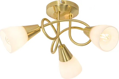 A brass ceiling light with three frosted glass shades.