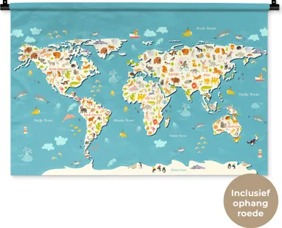 Produktbild von MuchoWow® Wandteppich Wandbehang Weltkarte - Kinder - Tiere - Kinder - Jungen - Mädchen 90x60 cm Tapisserie Dekoration Wandtuch - Wandskulpturen - Bildteppich