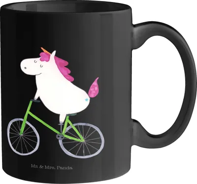 Produktbild von Mr. & Mrs. Panda Becher Einhorn Radfahrer - Schwarz - Geschenk, Kaffeebecher, Radfahren, tasse für büro, Deko, Bike, Unicorn, Kaffeetasse, cappuccinotasse, Motivtasse