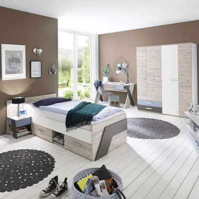 Produktbild von Jugendzimmer Set mit Schreibtisch 4-teilig LEEDS-10 in Sandeiche Nb. mit weiß, Lava und Denim Blau