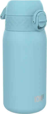 A light blue water bottle with a flip-top lid and a textured grip band.