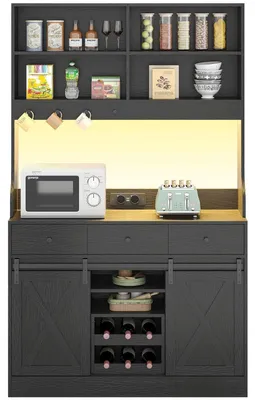 Produktbild von Küchenschrank Sideboard mit LED, Steckdose, Weinregal, 3 Schubladen, 103.5x40x180 cm, Schwarz