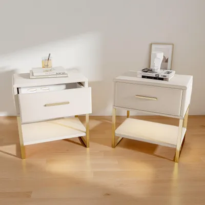Obrázek produktu pro UnboxG sada 2 sametových nočních stolků v béžové barvě, LED osvětlení, se zásuvkou - noční stolek 40x31x50cm, moderní design do ložnice