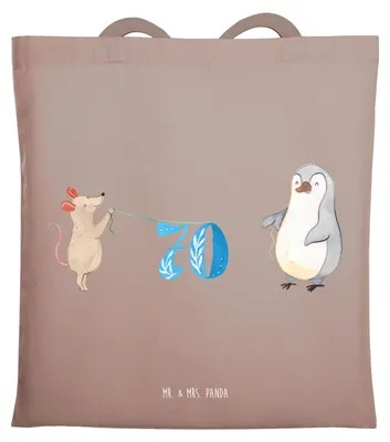 Produktbild von Mr. & Mrs. Panda Tote Bag 70. Geburtstag Maus Pinguin - Braun Pastell - Geschenk, Einkaufstasche, Party, Happy Birthday, Tasche, Jutebeutel, studententasche, Tragetasche